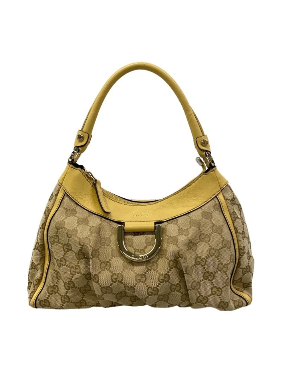 Gucci Handbag GG Pattern Beige Dark Brown Yellow Leather